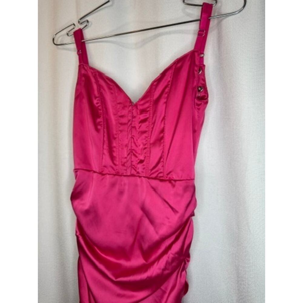 375. Sugar Thrillz Hot Pink Satin Ruched Bodycon Mini Dress Size XXS - Picture 2 of 9